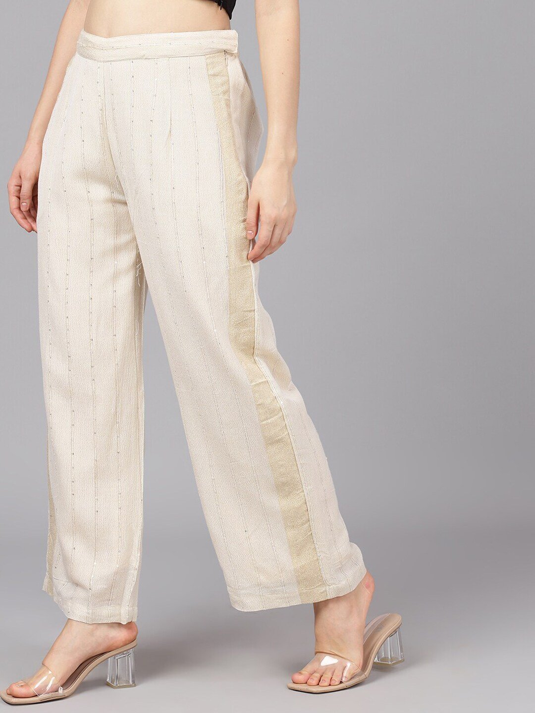 Women's  Cream-Coloured Striped Wide Leg Palazzos