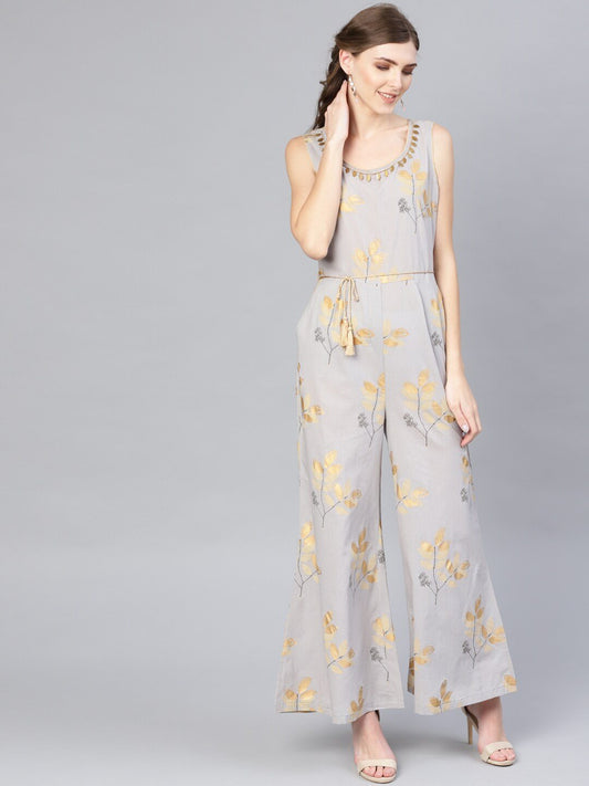 Women's  Grey & Golden Printed Basic Jumpsuit