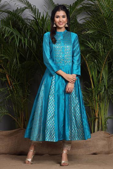 Teal Chanderi Embellished Layered Anarkali Kurta