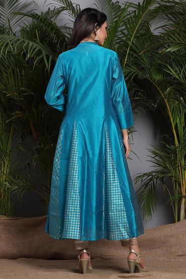Teal Chanderi Embellished Layered Anarkali Kurta