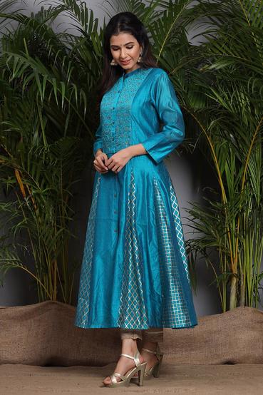 Teal Chanderi Embellished Layered Anarkali Kurta