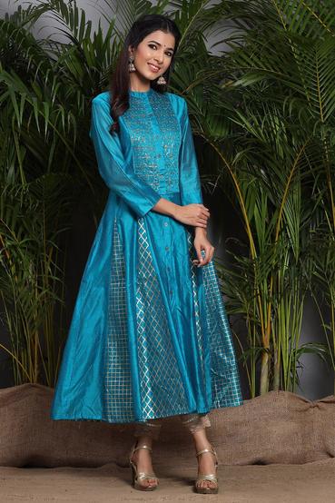 Teal Chanderi Embellished Layered Anarkali Kurta