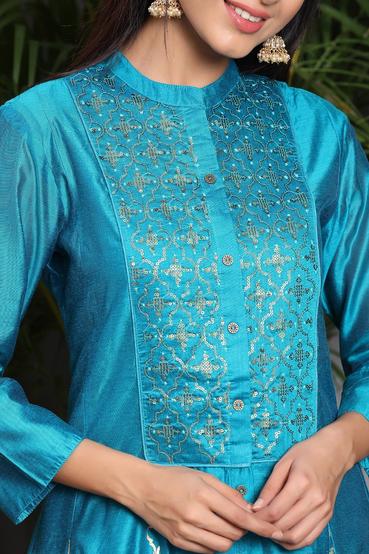 Teal Chanderi Embellished Layered Anarkali Kurta