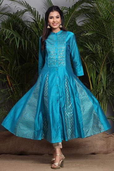 Teal Chanderi Embellished Layered Anarkali Kurta