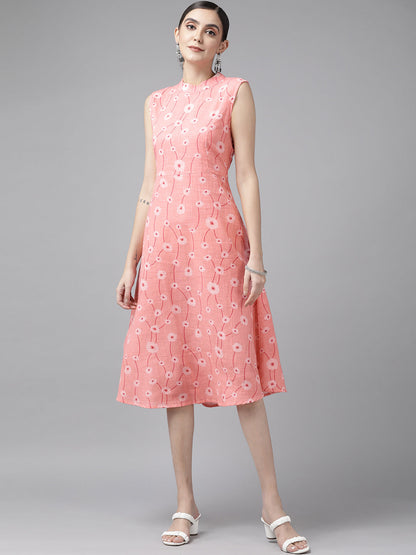 Women's Peach Printed Cotton Sulb A Line Dress