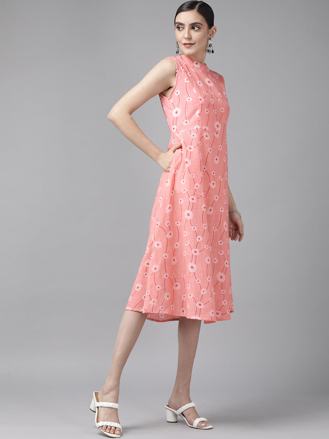 Women's Peach Printed Cotton Sulb A Line Dress