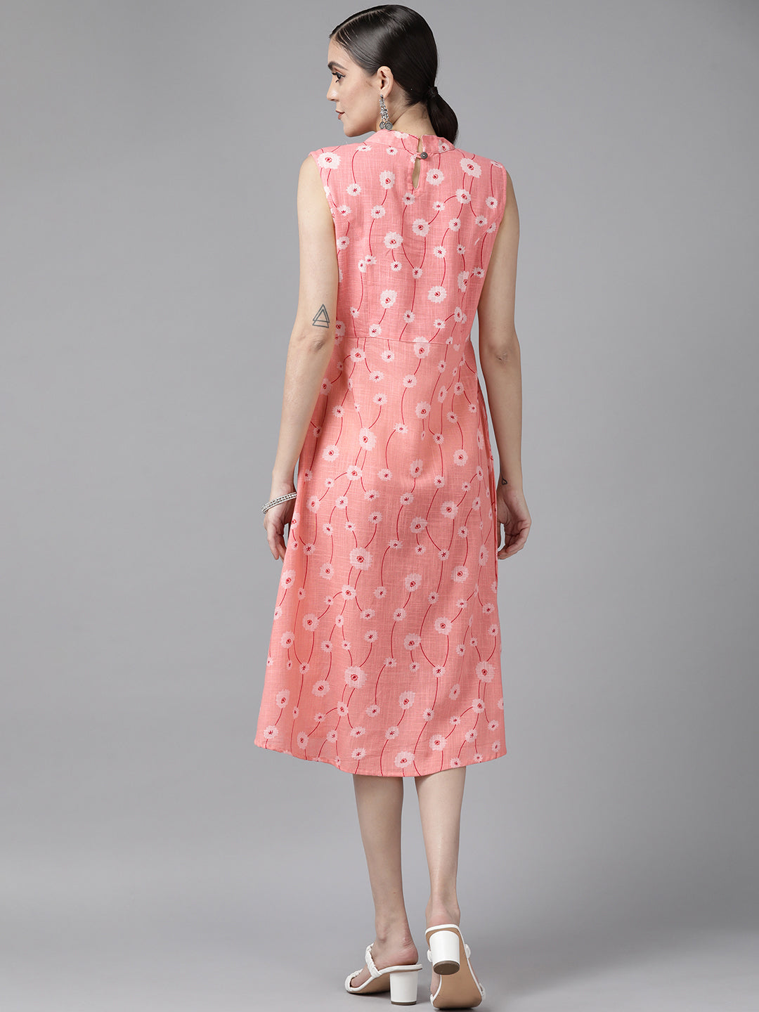 Women's Peach Printed Cotton Sulb A Line Dress