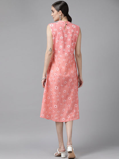 Women's Peach Printed Cotton Sulb A Line Dress