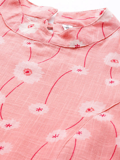 Women's Peach Printed Cotton Sulb A Line Dress
