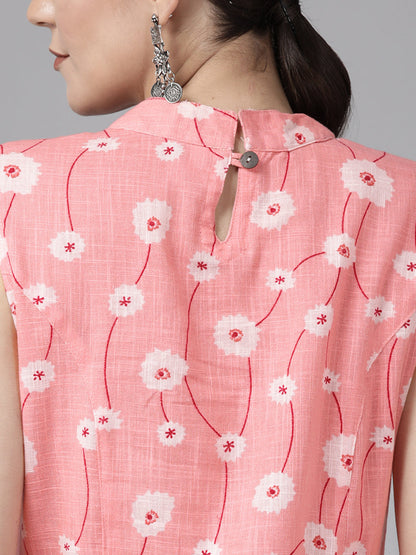 Women's Peach Printed Cotton Sulb A Line Dress