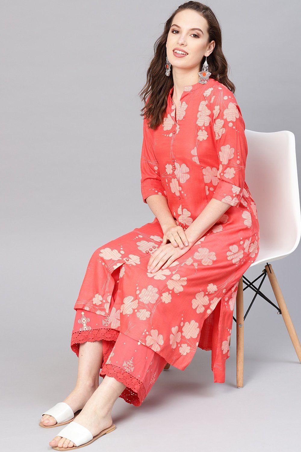 Women's Coral Rayon Printed A-Line Kurta Palazzo Set