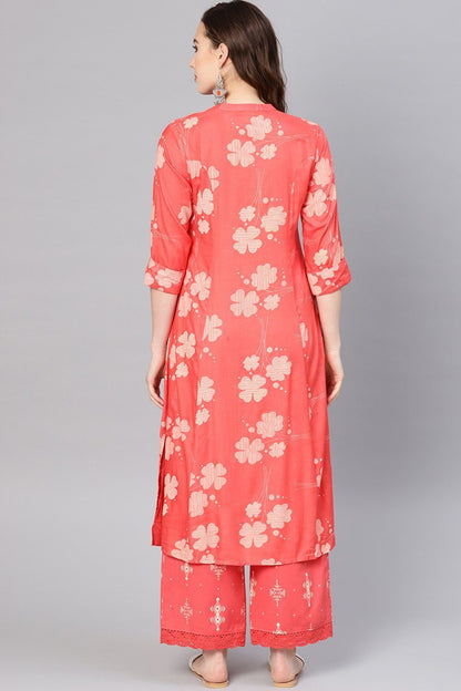 Women's Coral Rayon Printed A-Line Kurta Palazzo Set