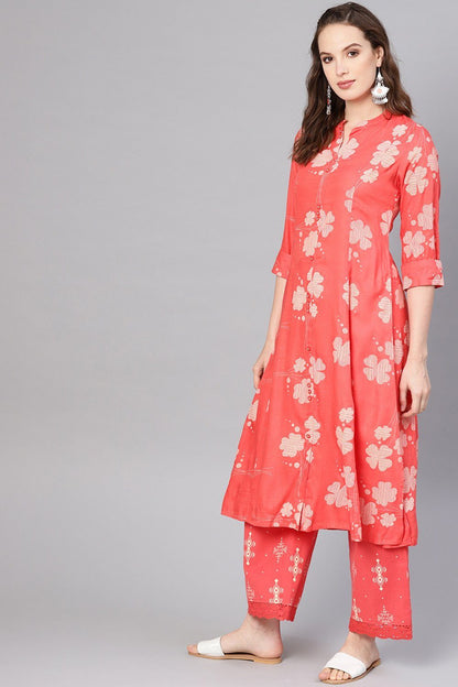 Women's Coral Rayon Printed A-Line Kurta Palazzo Set