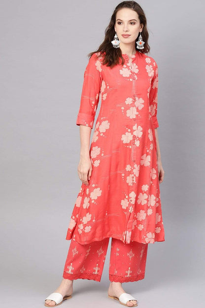 Women's Coral Rayon Printed A-Line Kurta Palazzo Set
