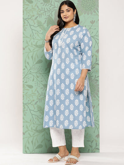 Women's Blue Ethnic Motifs Straight Kurta Trouser And Dupatta Set