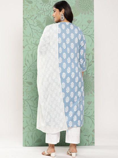 Women's Blue Ethnic Motifs Straight Kurta Trouser And Dupatta Set