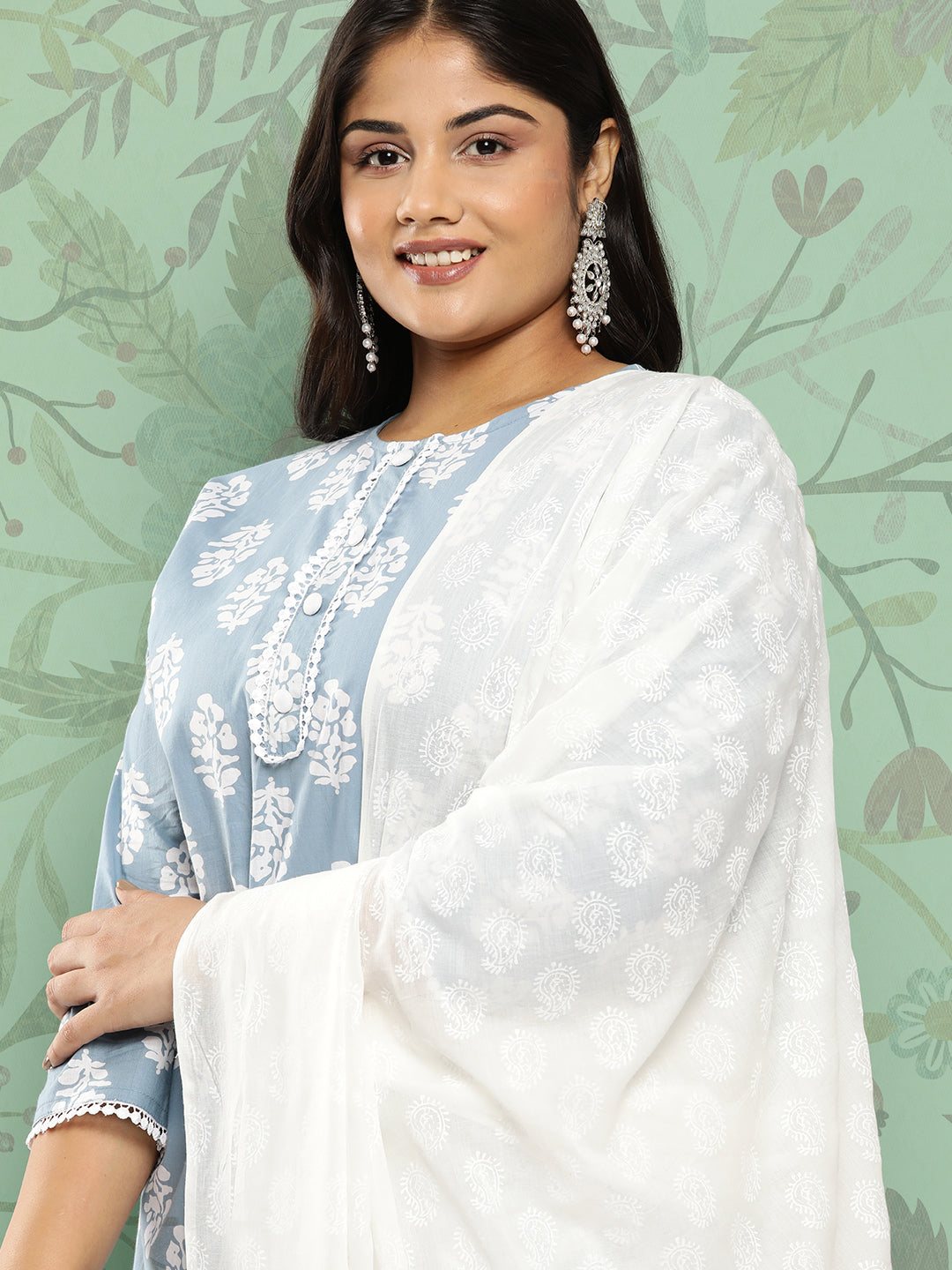Women's Blue Ethnic Motifs Straight Kurta Trouser And Dupatta Set