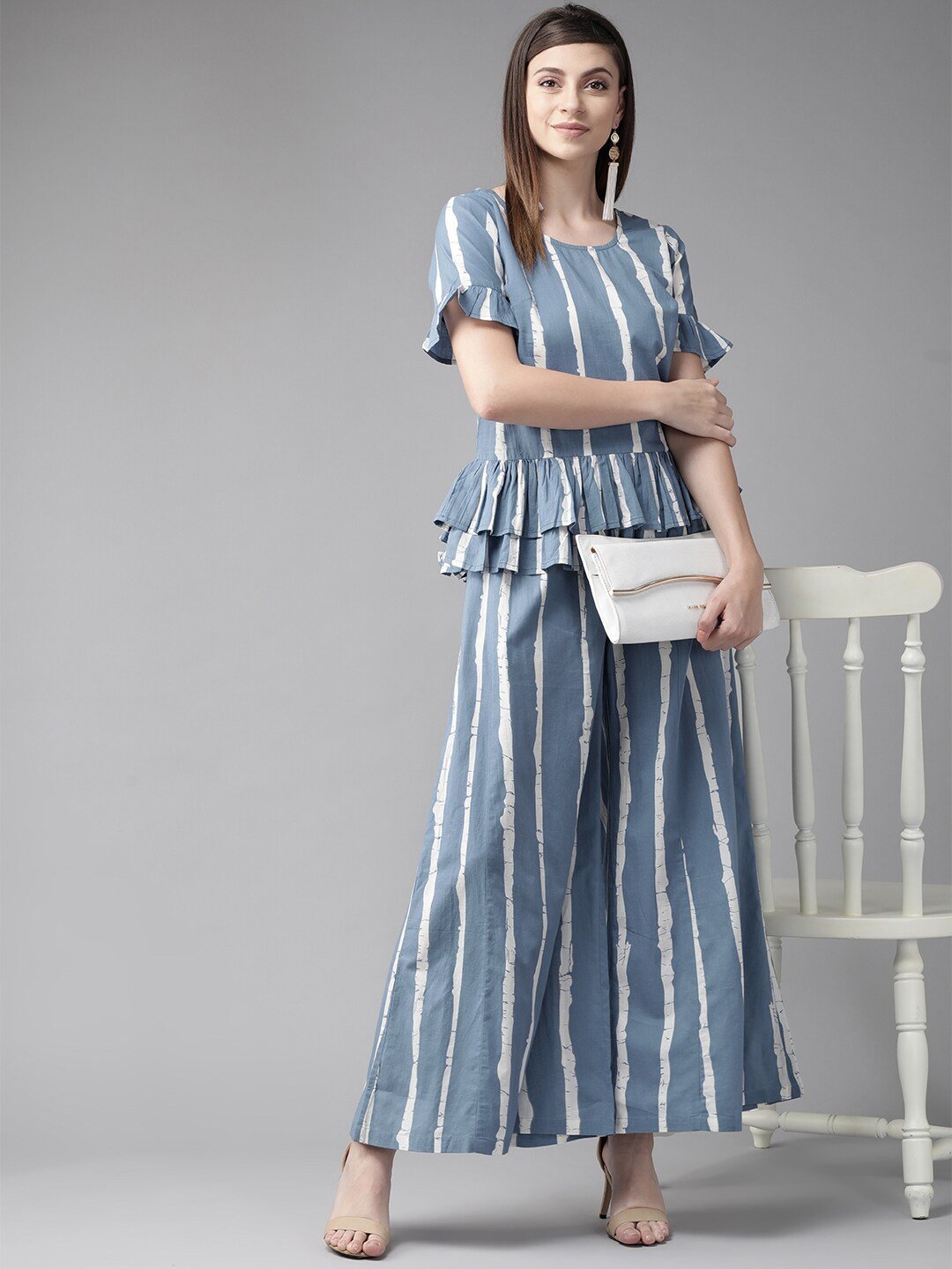 Women's  Blue & White Striped Ruffled A-Line Top
