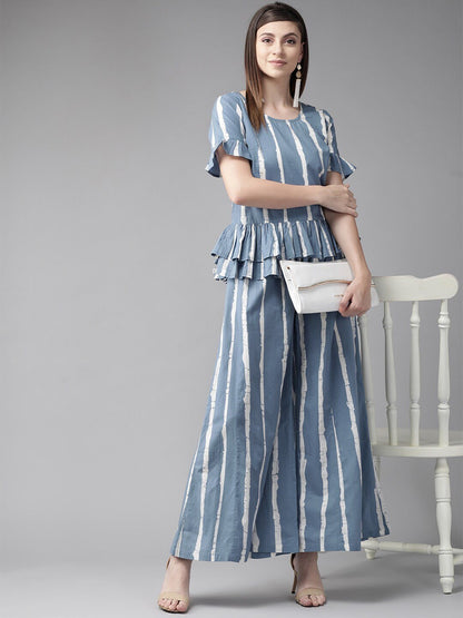 Women's  Blue & White Striped Ruffled A-Line Top