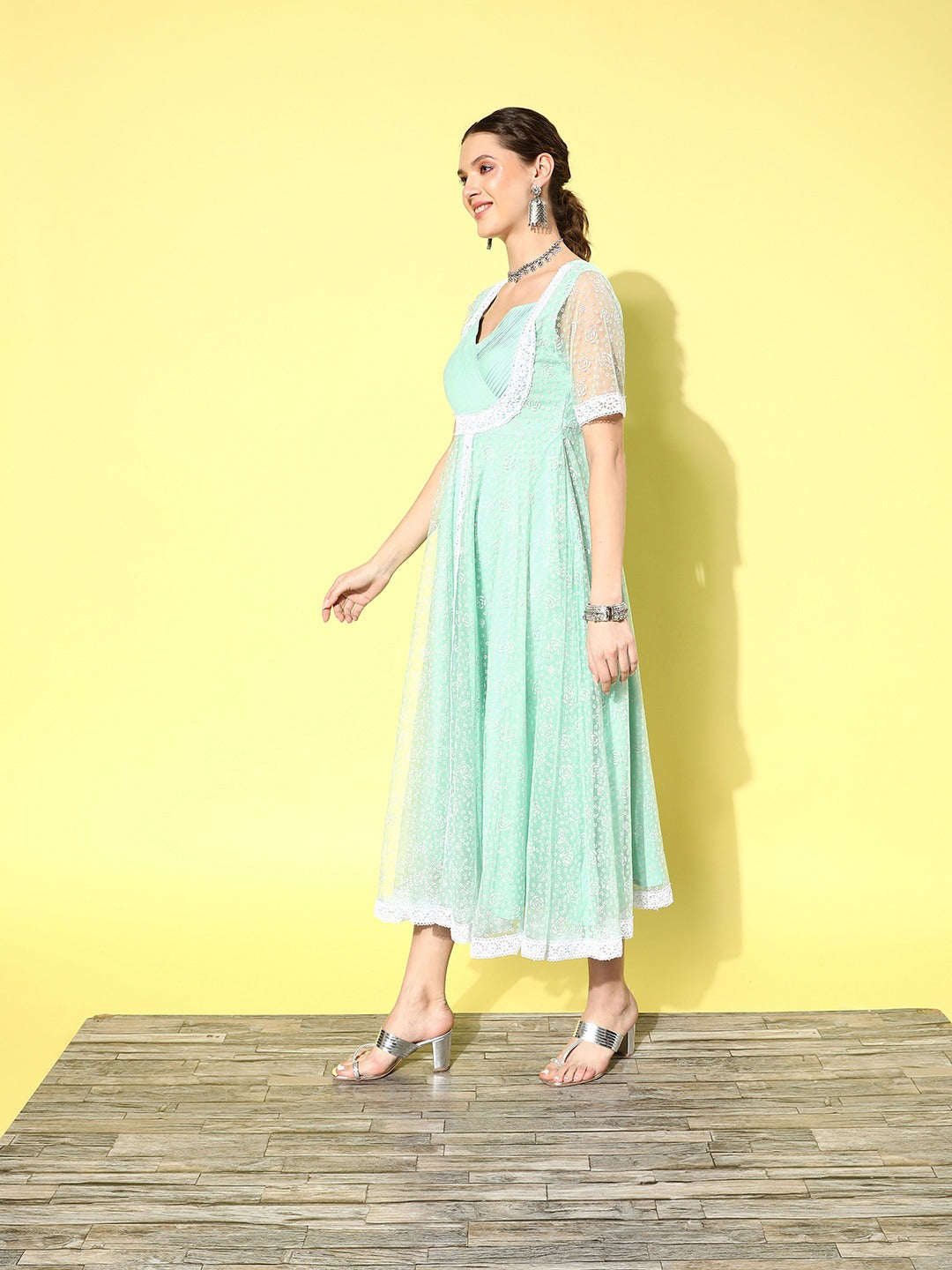 Women's Sea Green Rubber Print Net A Line Dress
