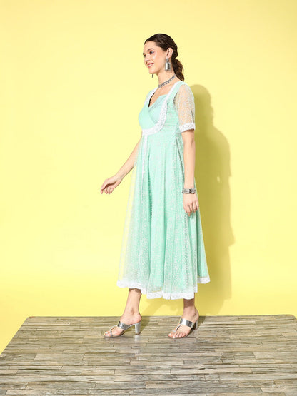 Women's Sea Green Rubber Print Net A Line Dress