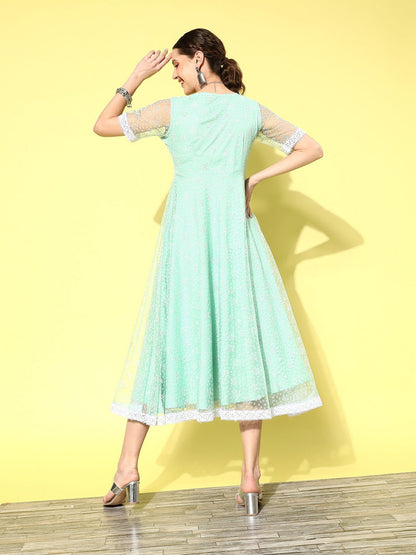 Women's Sea Green Rubber Print Net A Line Dress