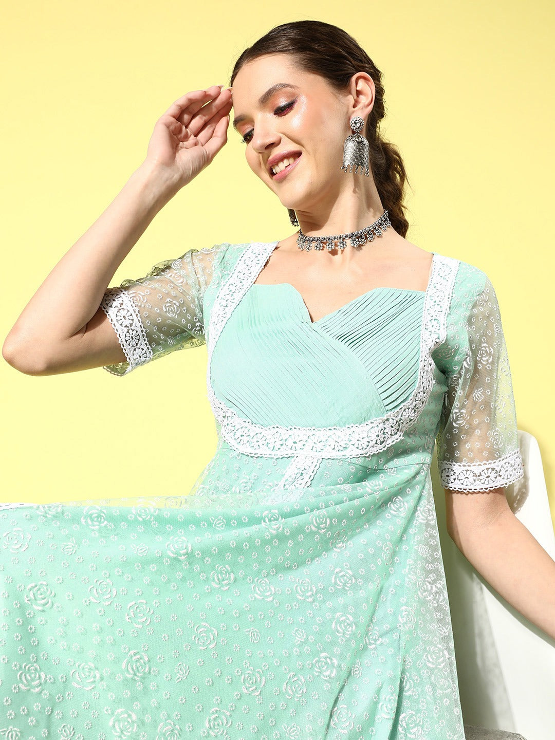 Women's Sea Green Rubber Print Net A Line Dress