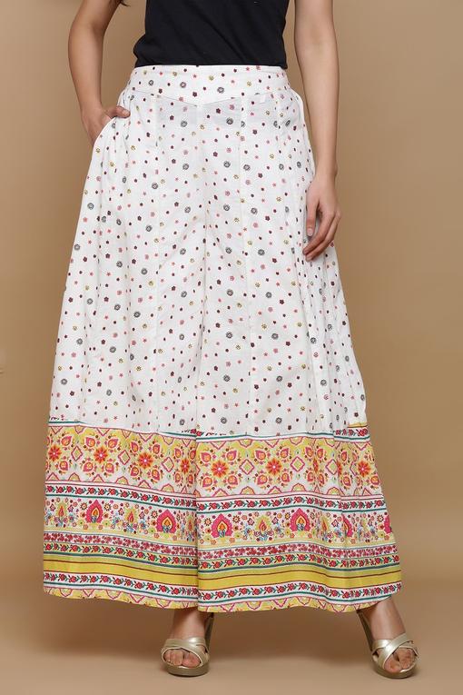 Mustard Cotton Voile Printed Flared Palazzo