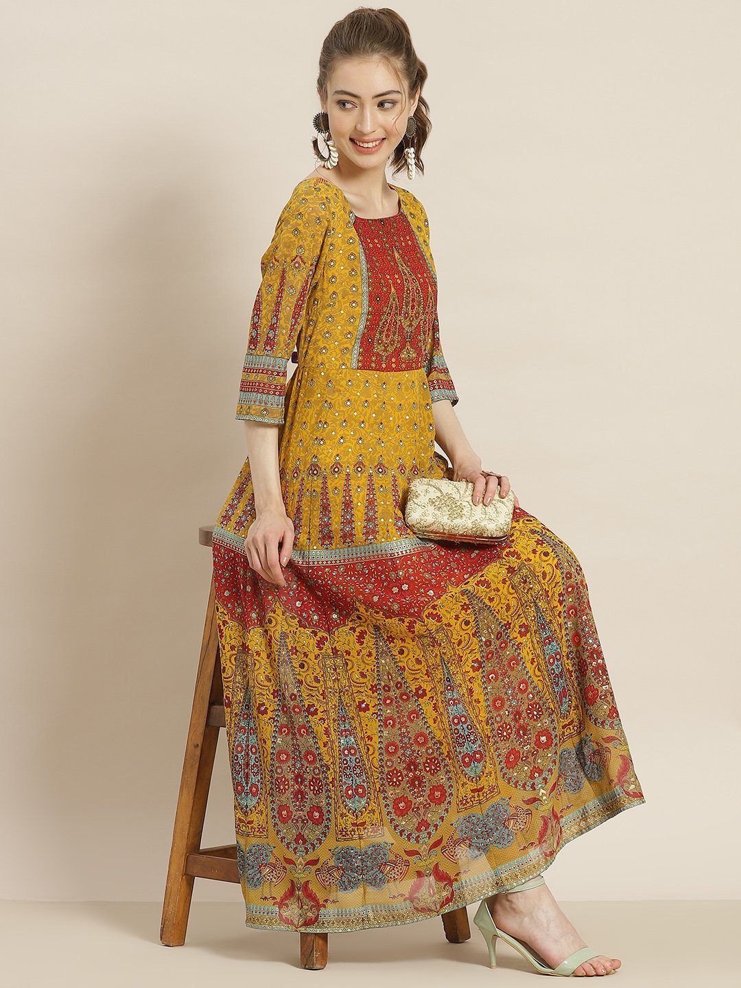 Women's Mustard Georgette Printed Anarkali Dress
