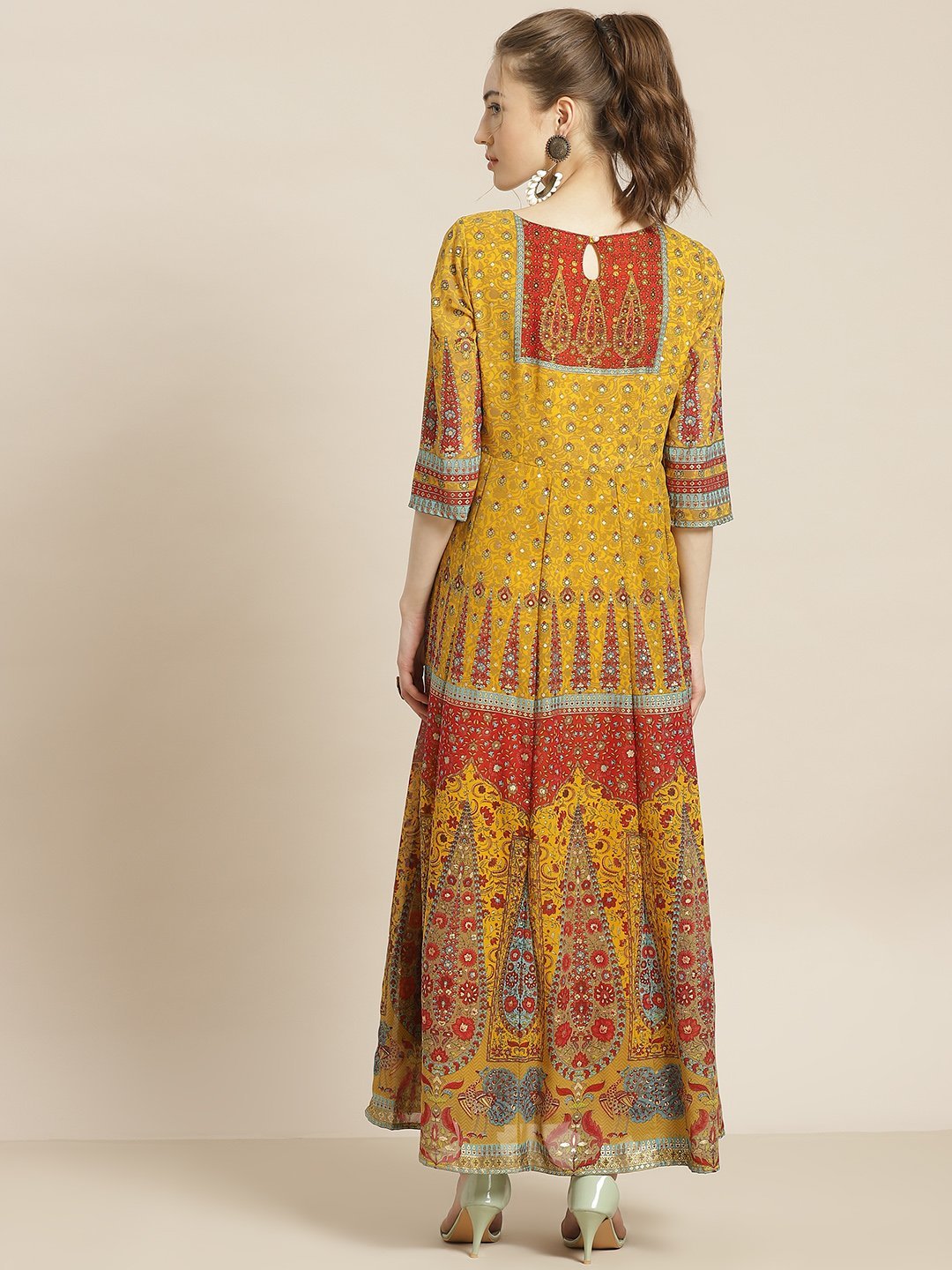 Women's Mustard Georgette Printed Anarkali Dress