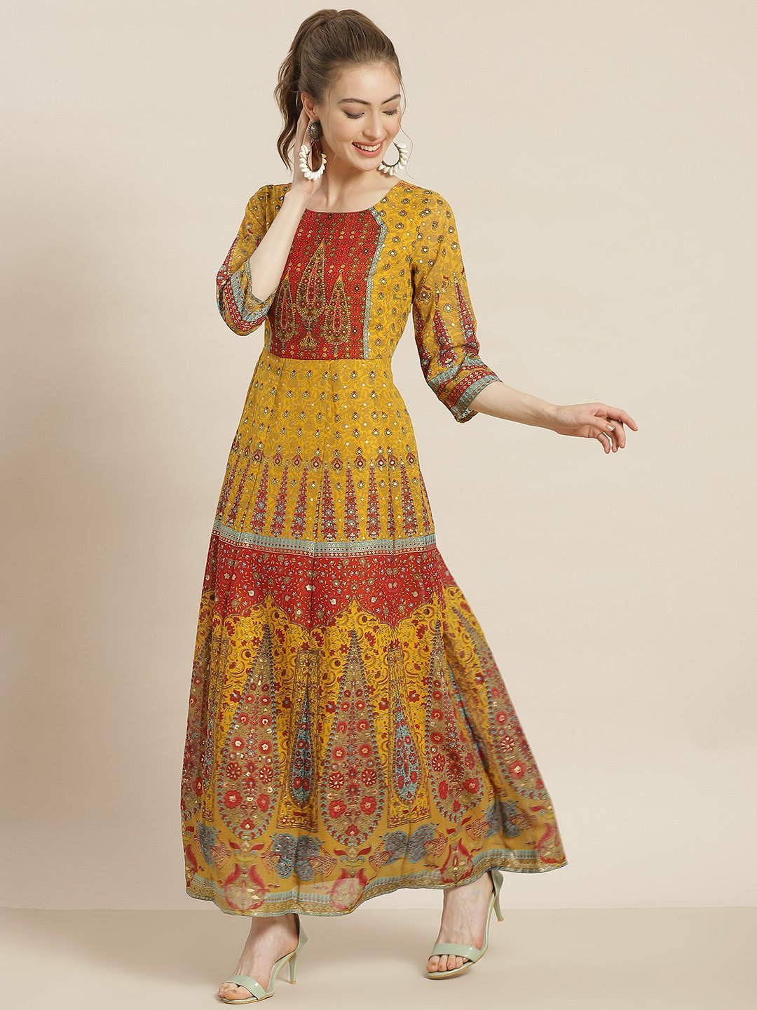 Women's Mustard Georgette Printed Anarkali Dress