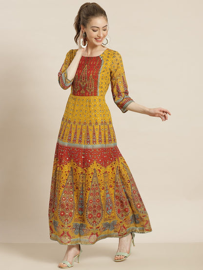 Women's Mustard Georgette Printed Anarkali Dress