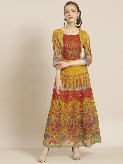 Women's Mustard Georgette Printed Anarkali Dress
