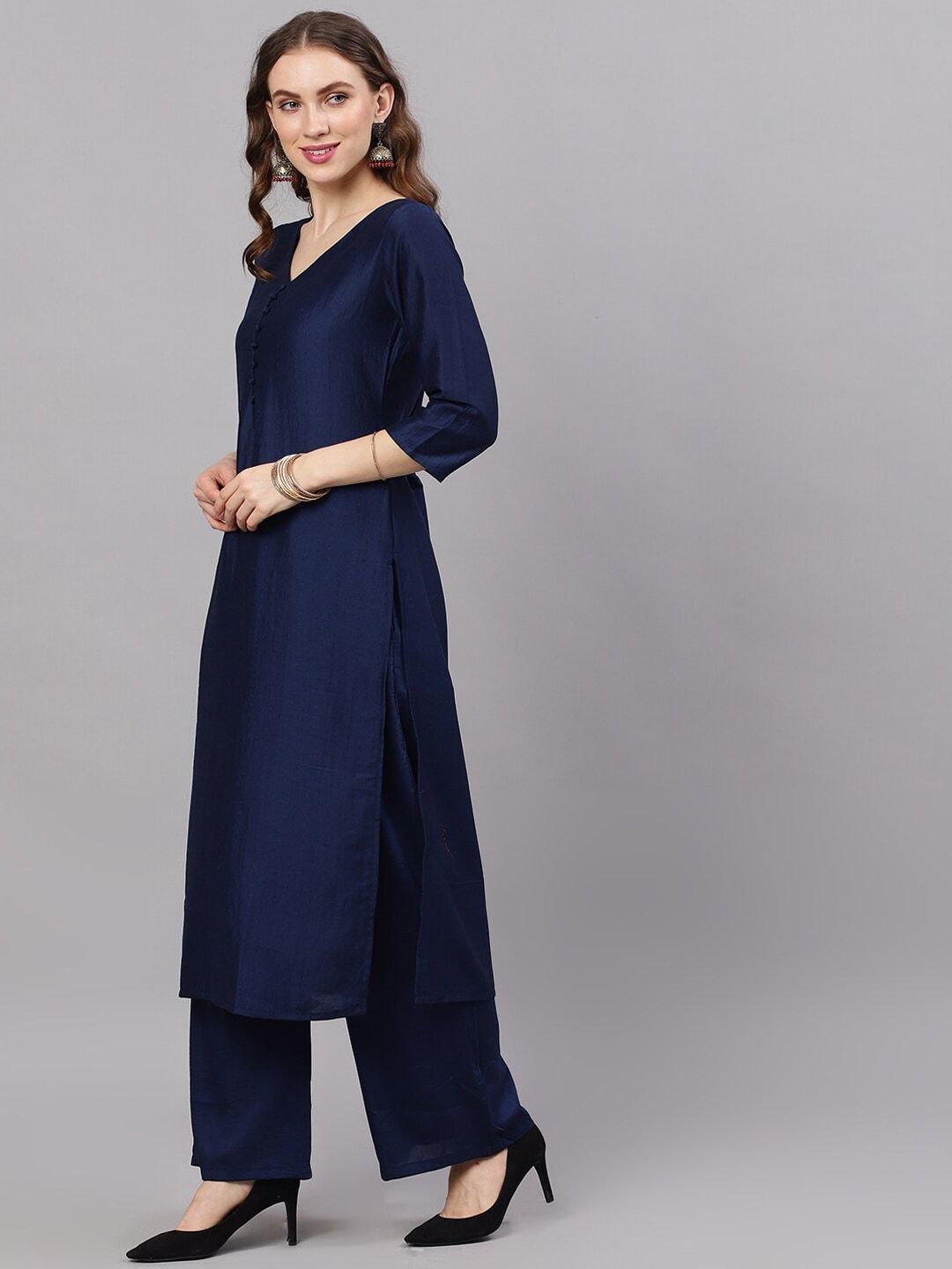 Women's  Navy Blue Woven Design Kurta with Palazzos