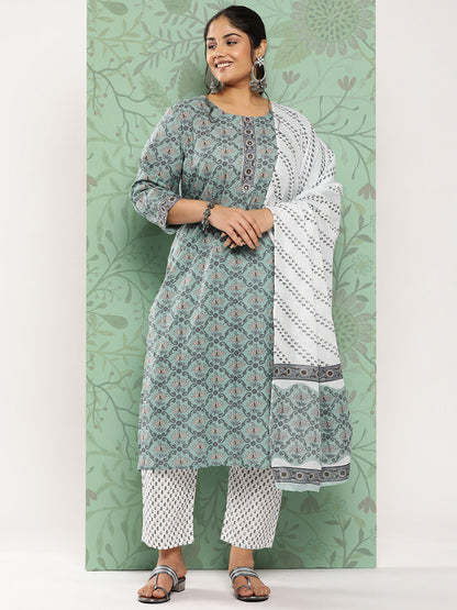 Women's Green Floral Straight Kurta Trouser And Dupatta Set