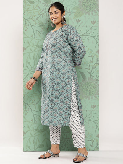 Women's Green Floral Straight Kurta Trouser And Dupatta Set