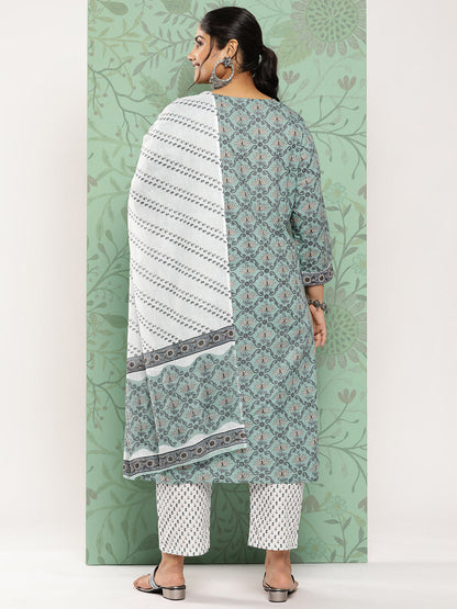 Women's Green Floral Straight Kurta Trouser And Dupatta Set