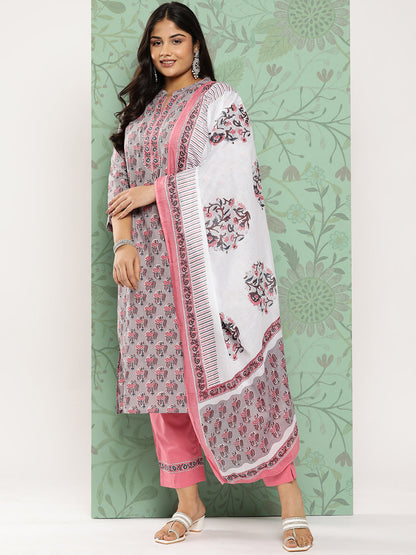 Women's Grey Ethnic Motifs Straight Kurta Trouser And Dupatta Set