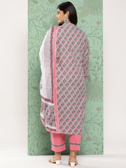 Women's Grey Ethnic Motifs Straight Kurta Trouser And Dupatta Set