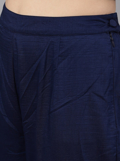 Women's  Navy Blue Woven Design Kurta with Palazzos