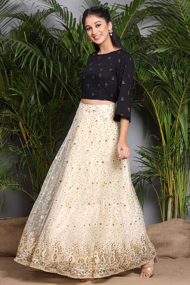 Ivory Net Embellished Flared Lehenga Choli