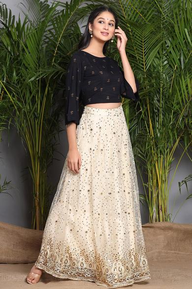 Ivory Net Embellished Flared Lehenga Choli