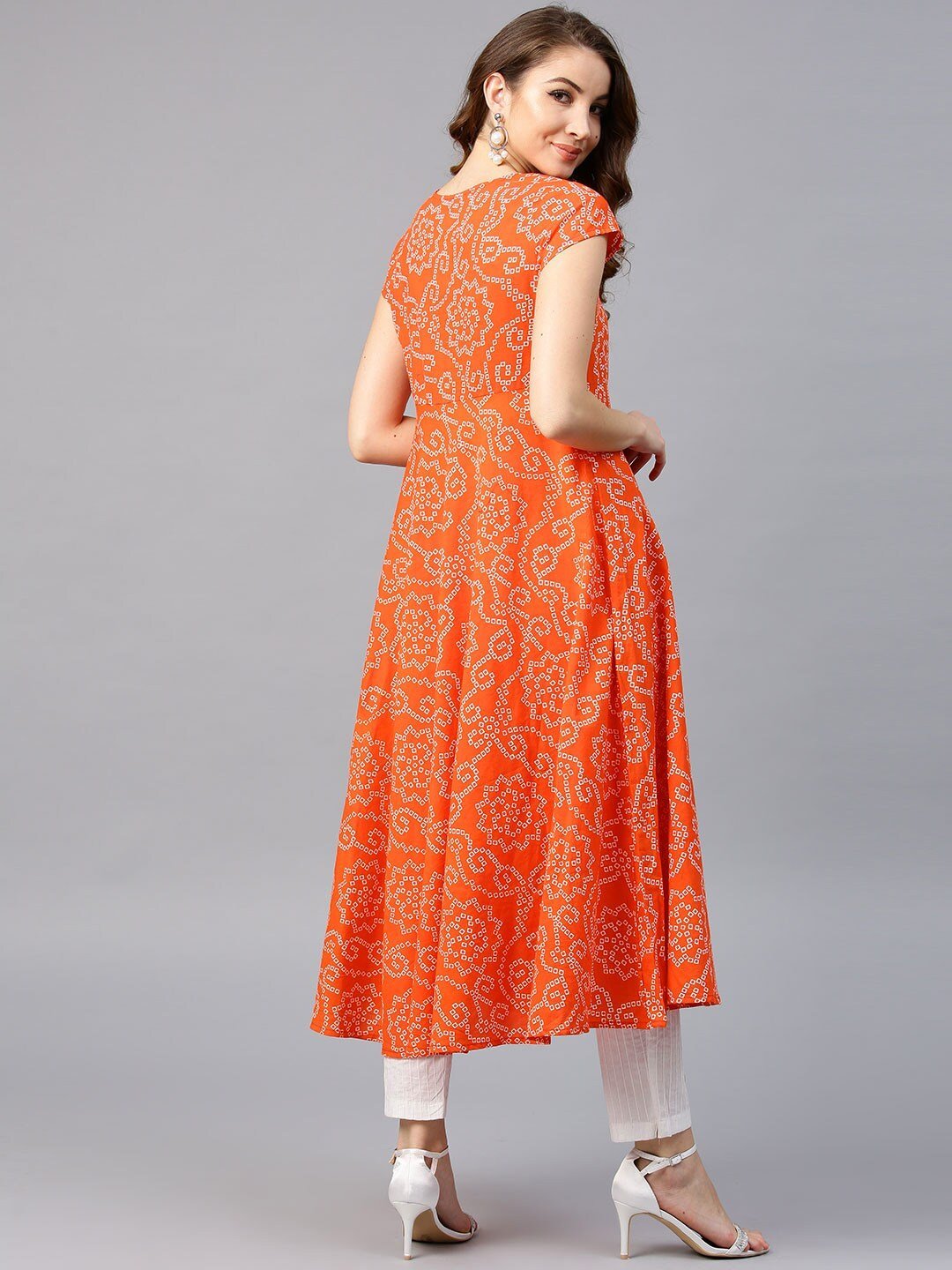 Women's  Orange & White Printed Anarkali Kurta