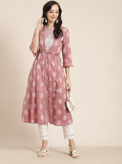 Women's Powderpink Cambric Printed Jacket Style Kurta with Tie-up Dori & Tassels