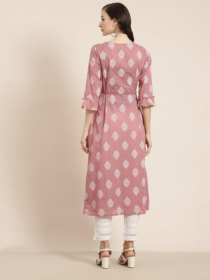 Women's Powderpink Cambric Printed Jacket Style Kurta with Tie-up Dori & Tassels