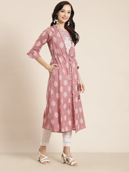 Women's Powderpink Cambric Printed Jacket Style Kurta with Tie-up Dori & Tassels