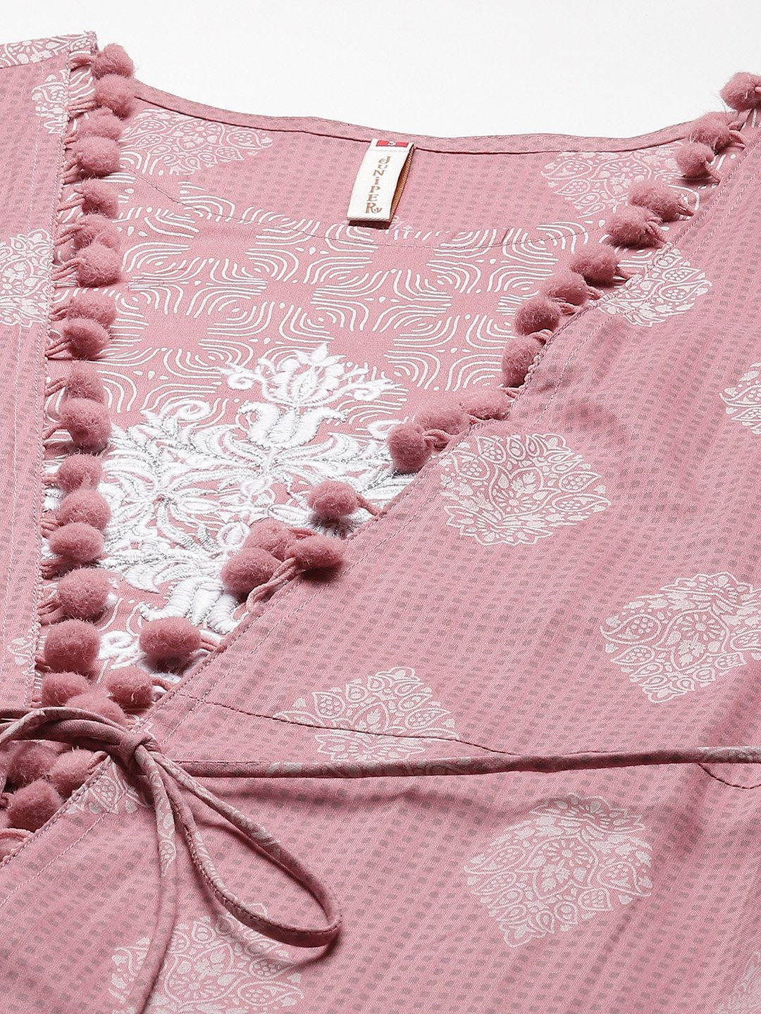 Women's Powderpink Cambric Printed Jacket Style Kurta with Tie-up Dori & Tassels