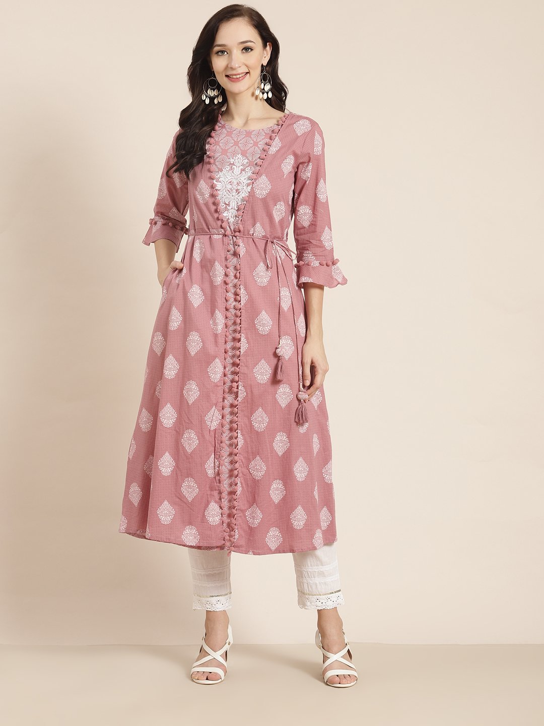 Women's Powderpink Cambric Printed Jacket Style Kurta with Tie-up Dori & Tassels