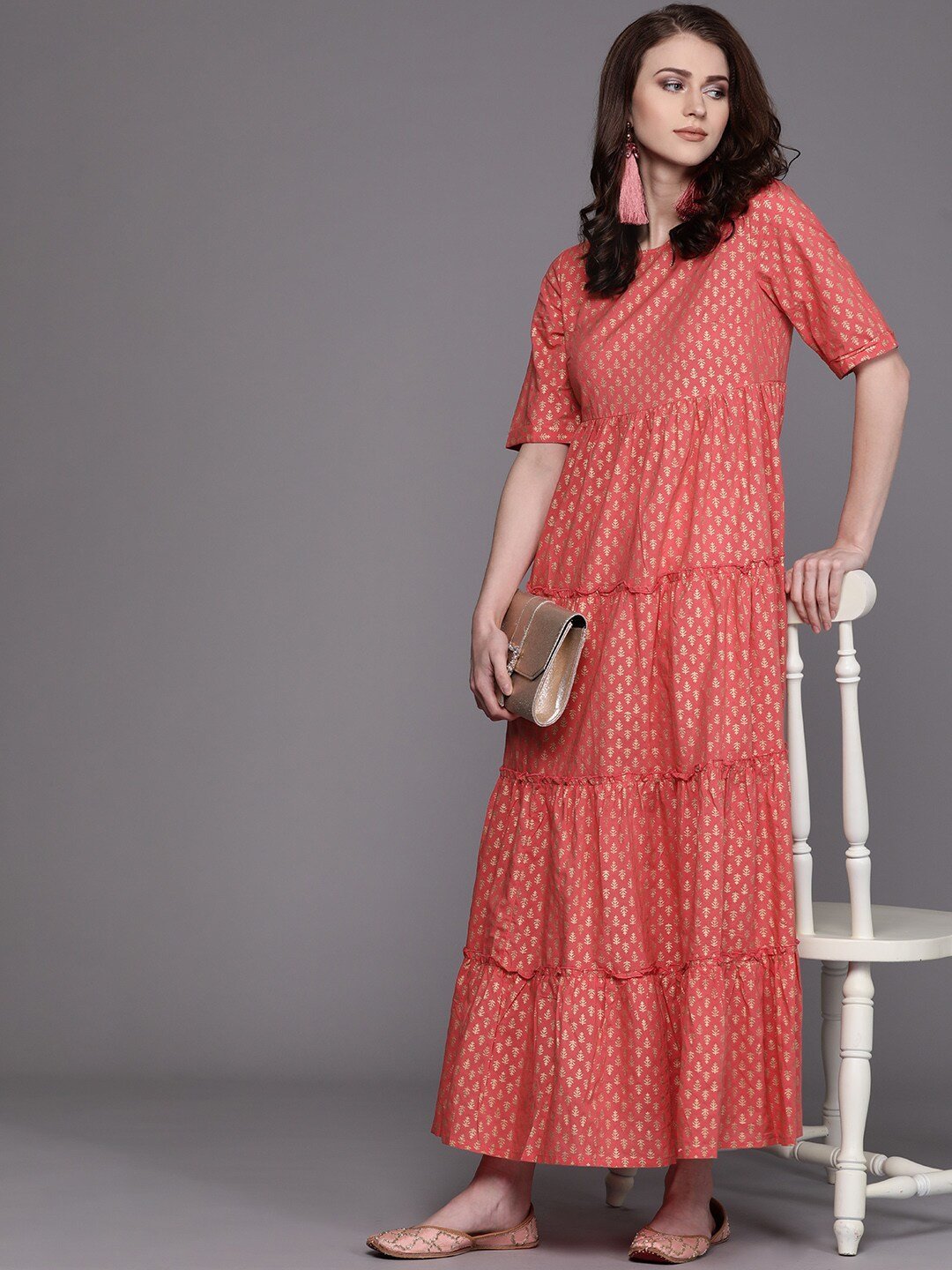 Women's  Pink & Golden Printed Tiered Maxi Dress