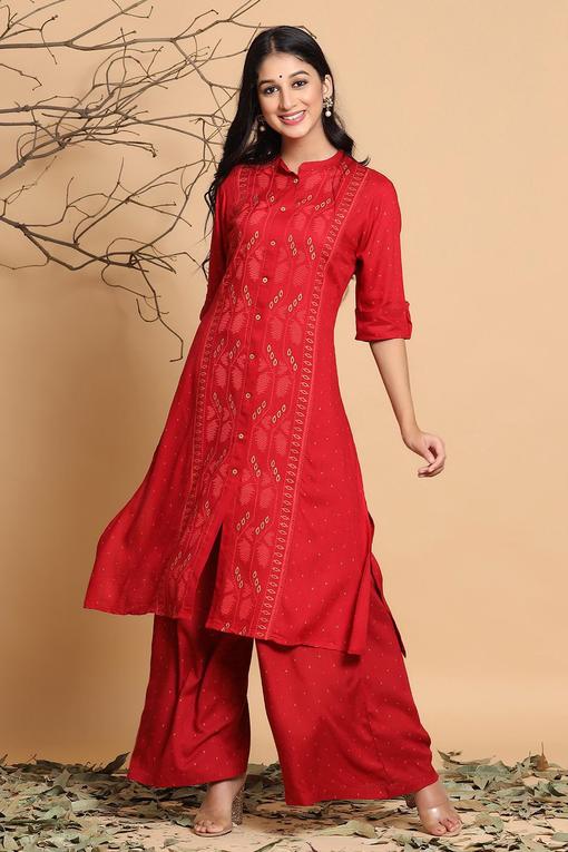 Red Rayon Slub Printed A-Line Kurta